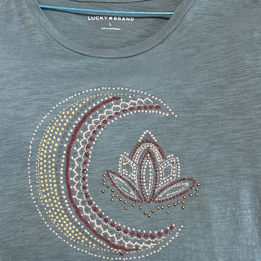 Lucky Brand Teal Graphic T-Shirt with Moon and Lotus